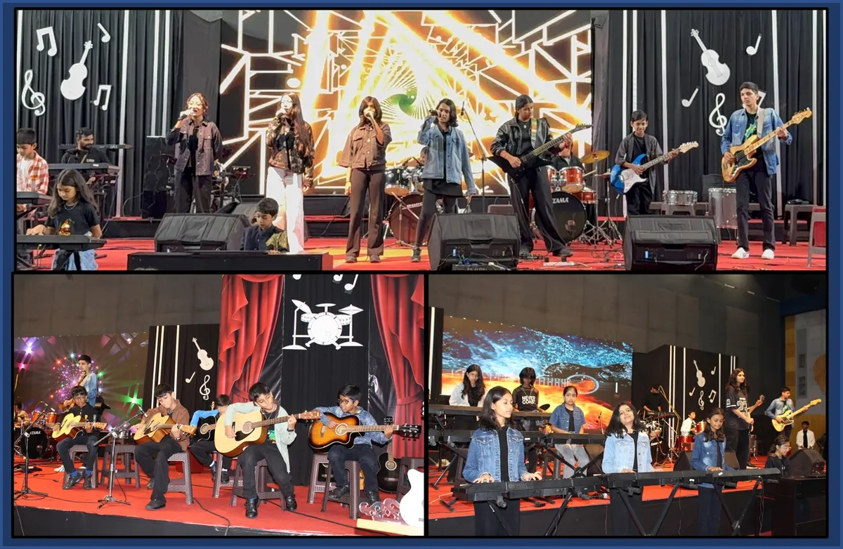 Collage of three stage photos showing students performing music with vocalists, guitarists, keyboards and drums on a decorated stage at CPS (Katol Road).
