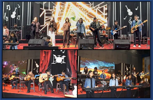 Collage of three stage photos showing students performing music with vocalists, guitarists, keyboards and drums on a decorated stage at CPS (Katol Road).
