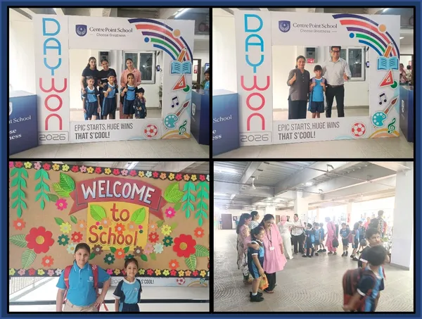 Collage of four photos of students and parents at CPS (Katol Road) entrance on the first day, posing at a photo frame board and a welcome bulletin board.