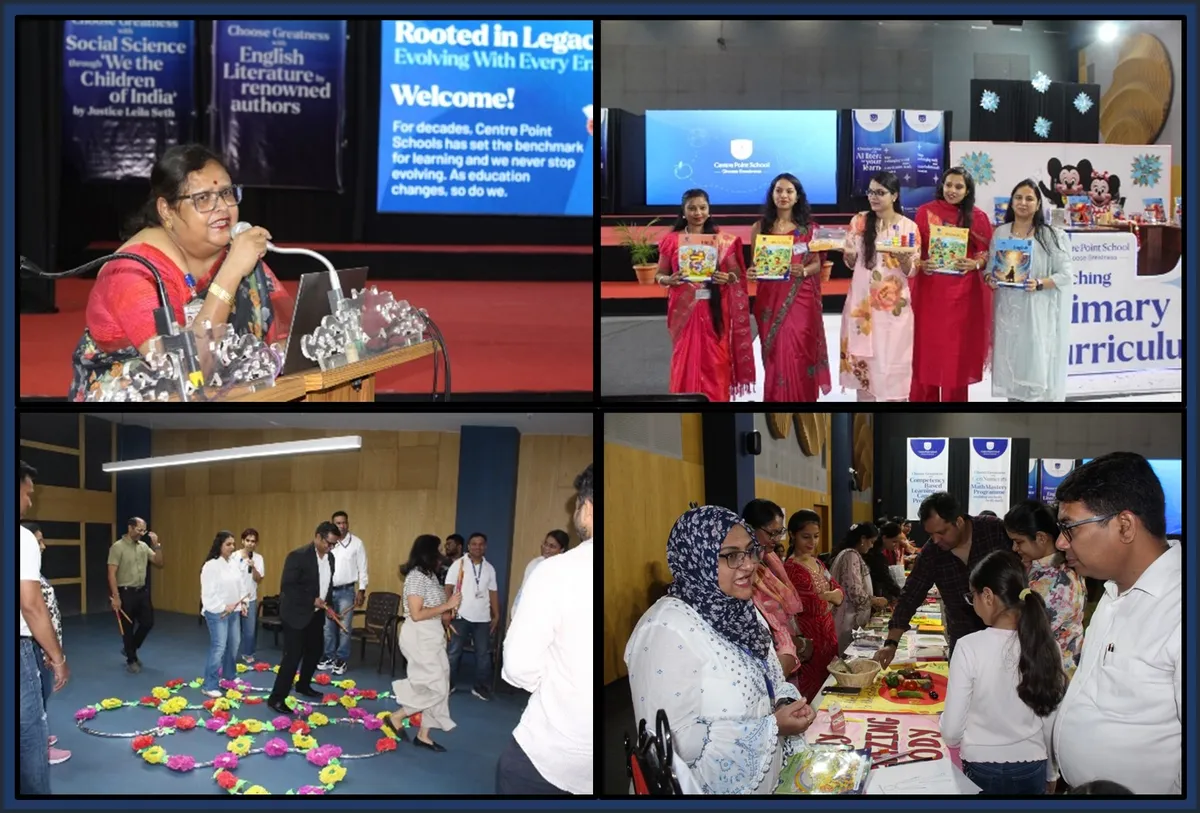 Collage of four photos from the CPS (Katol Road) event: a woman speaking at a podium, five women holding books on stage, people around a floral rangoli pattern, and visitors at a display table.