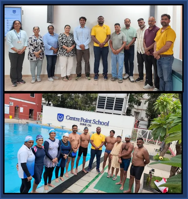 Group photos of swimming coaches and pool area at CPS (Katol Road)