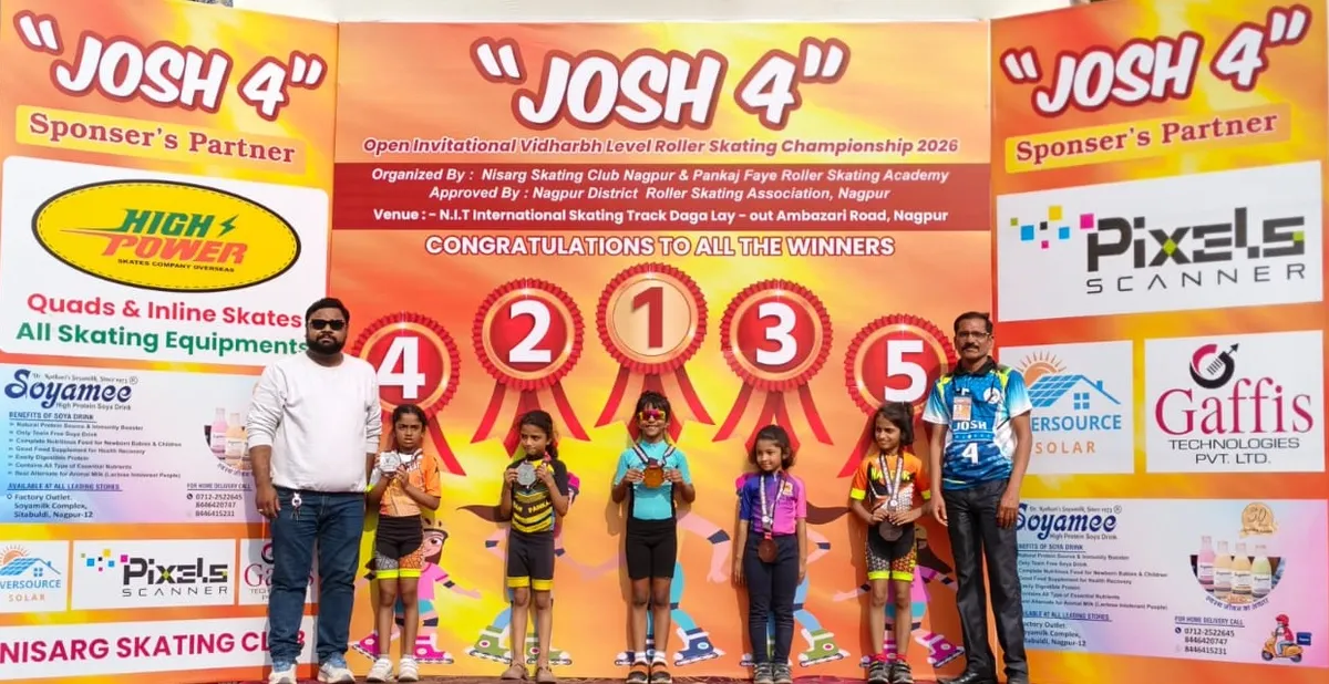 Roller skating winners including Rushika Beniwal wearing medals on podium at Josh 4 Open Invitational Vidarbha Level Roller Skating Championship