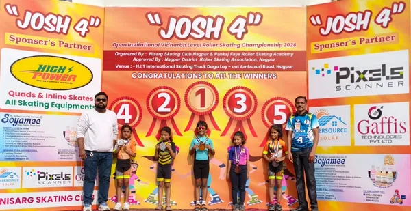 Roller skating winners including Rushika Beniwal wearing medals on podium at Josh 4 Open Invitational Vidarbha Level Roller Skating Championship