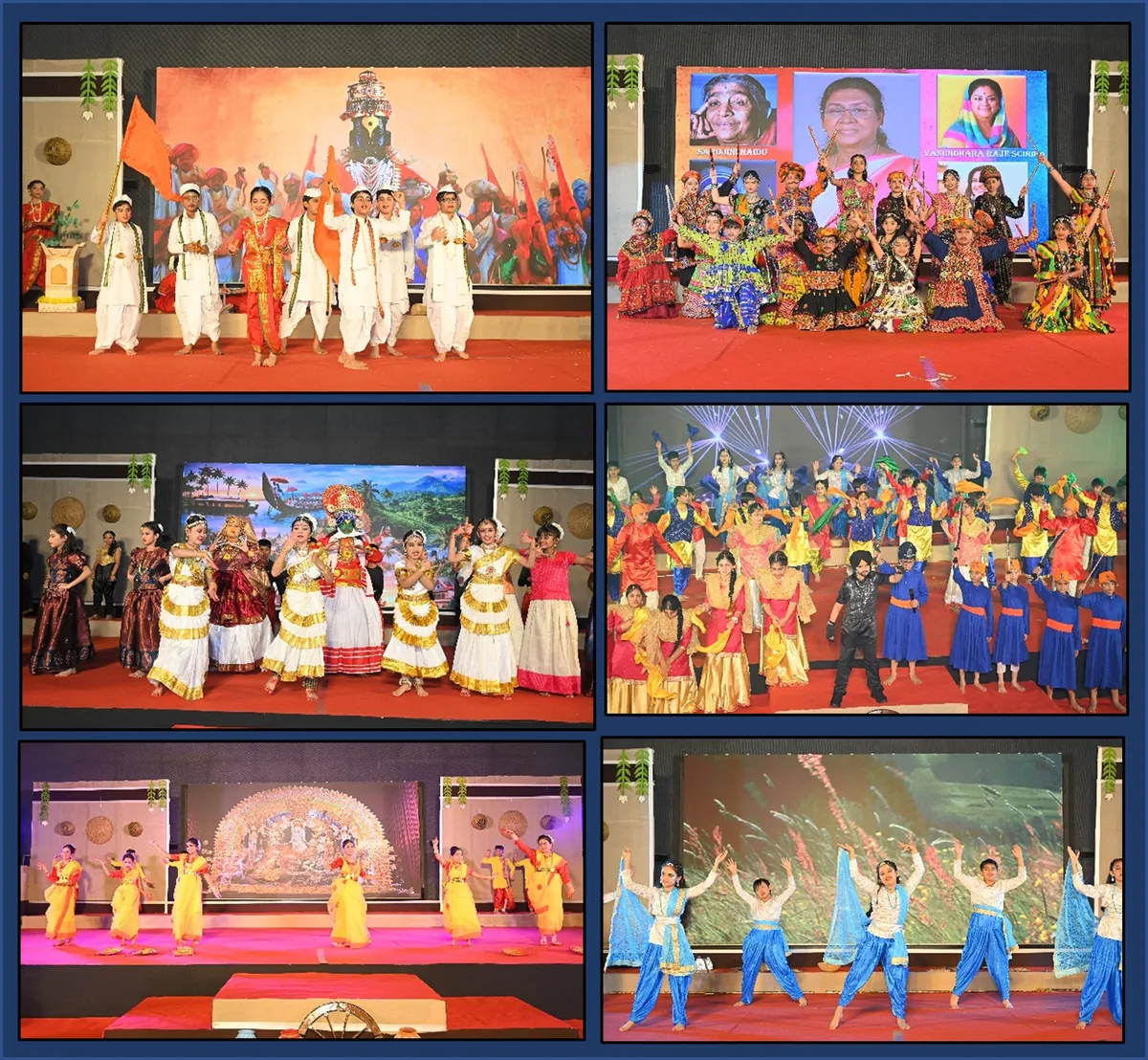 Students in colourful traditional costumes performing group dances on a decorated stage at CPS (Katol Road)