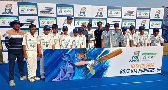 CPS (Katol Road) cricket team with medals and runners-up trophy at MI Junior U-14 tournament