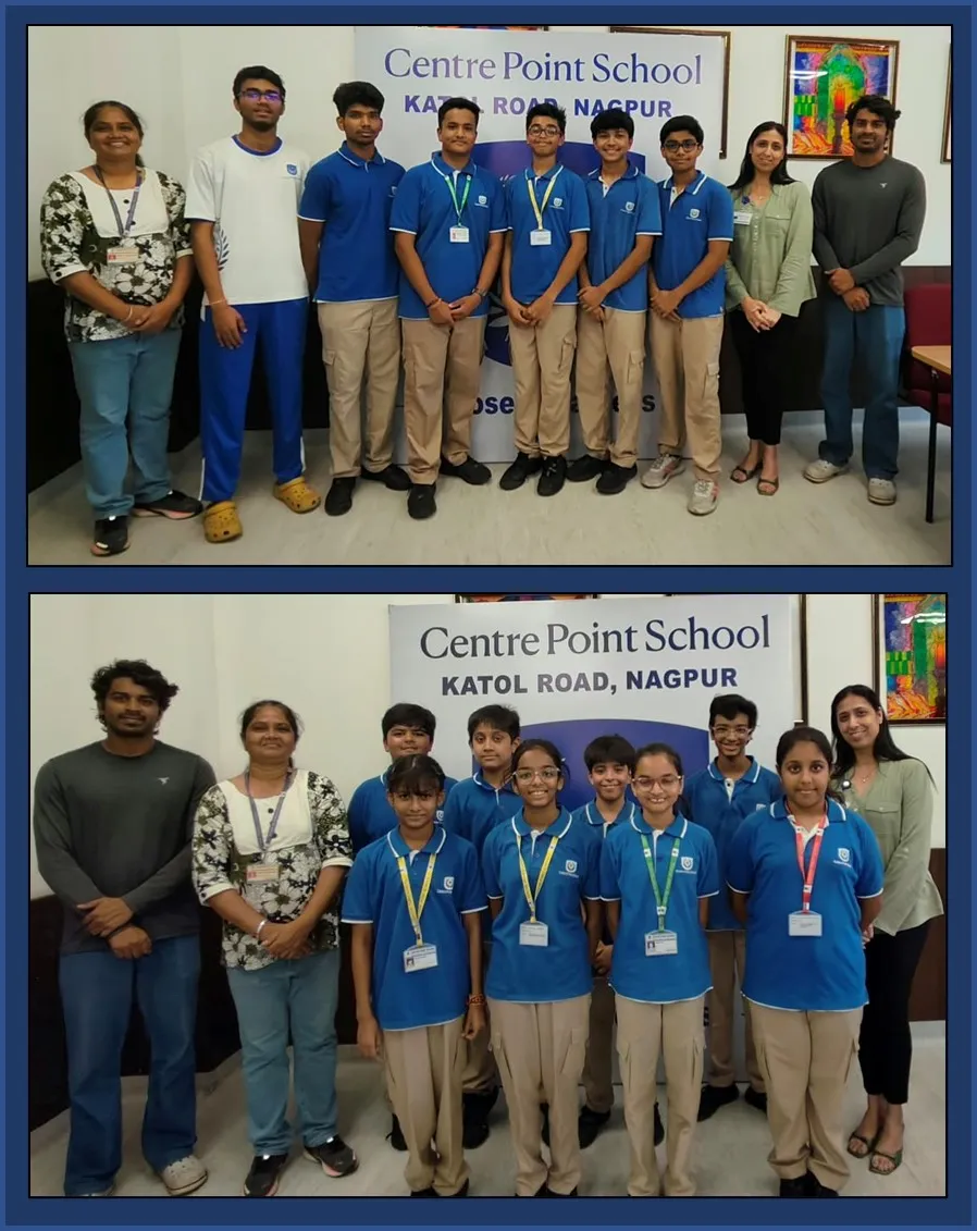 Collage of two sharp group photos of students in blue uniforms standing with adults in front of a school banner. - CPS (Katol Road)
