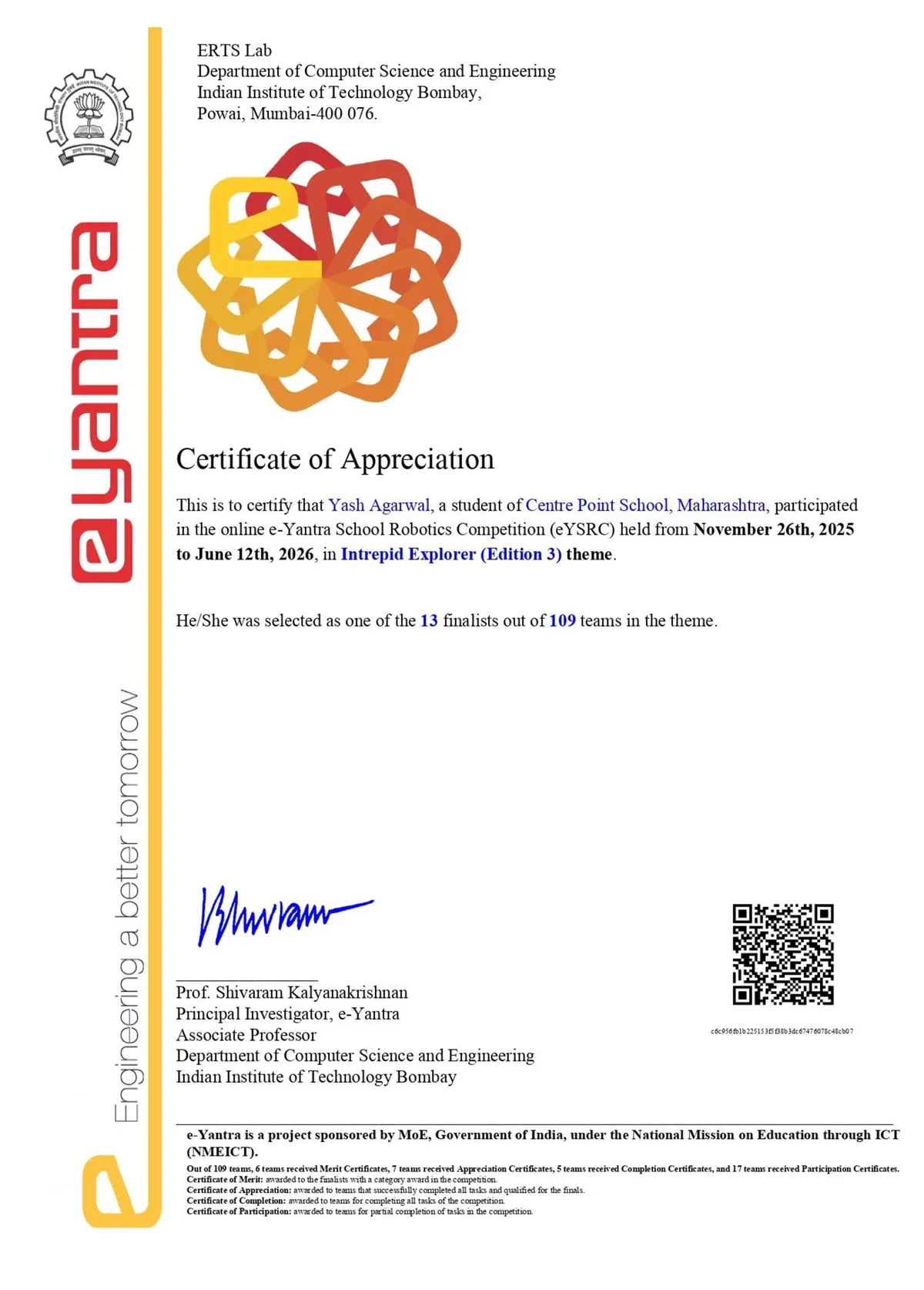 Certificate of appreciation for e-Yantra Intrepid Explorer – Edition 3 competition, issued by IIT Bombay