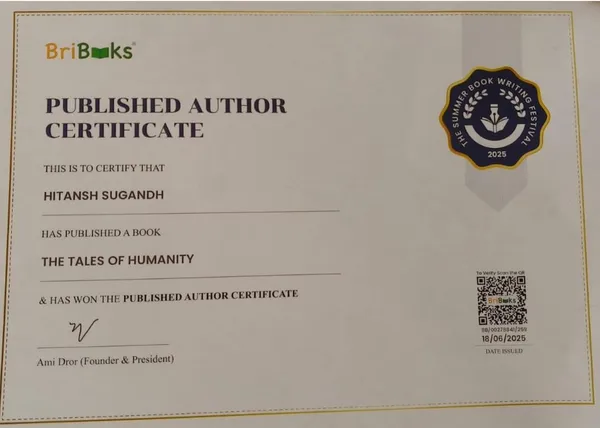 Photograph of a printed published author certificate with a round badge, a QR code and a signature.