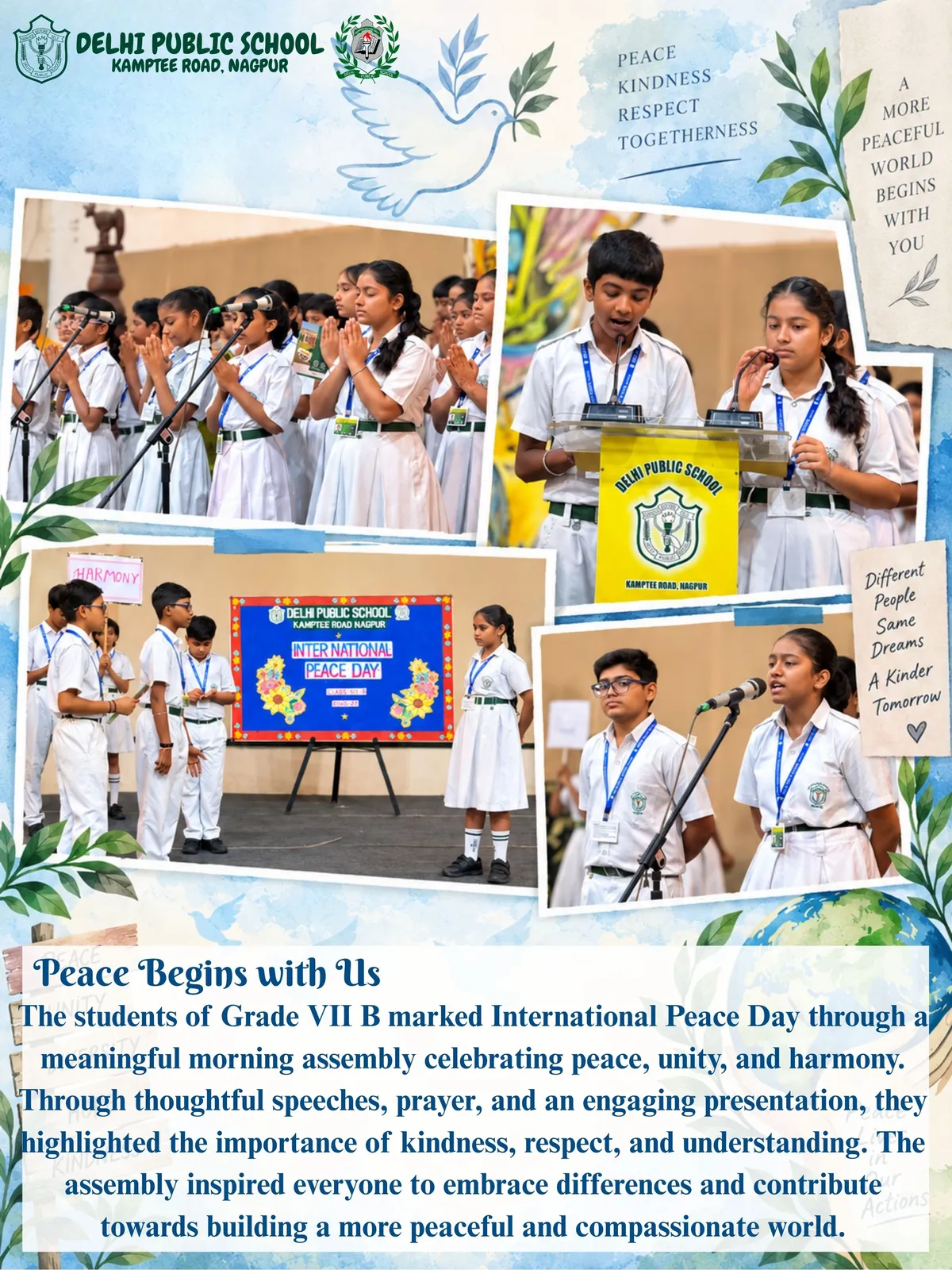 DPS (Kamptee Road) students in school uniforms speaking at microphones and performing at an assembly, with text beneath.