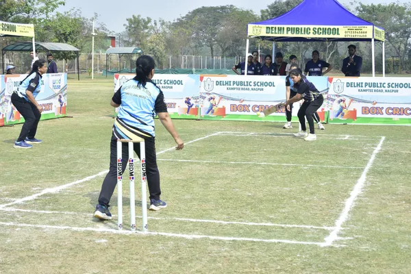 Box cricket match with batter and wicketkeeper, spectators and sponsor banners visible