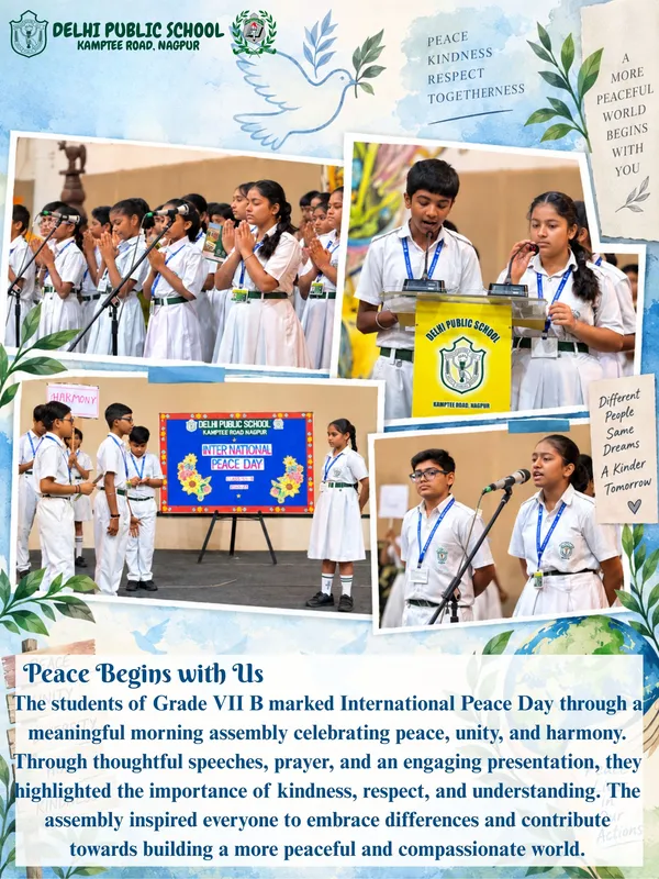 Collage poster with four photos of DPS (Kamptee Road) students in uniform speaking and praying at a school assembly, with decorative borders and text.