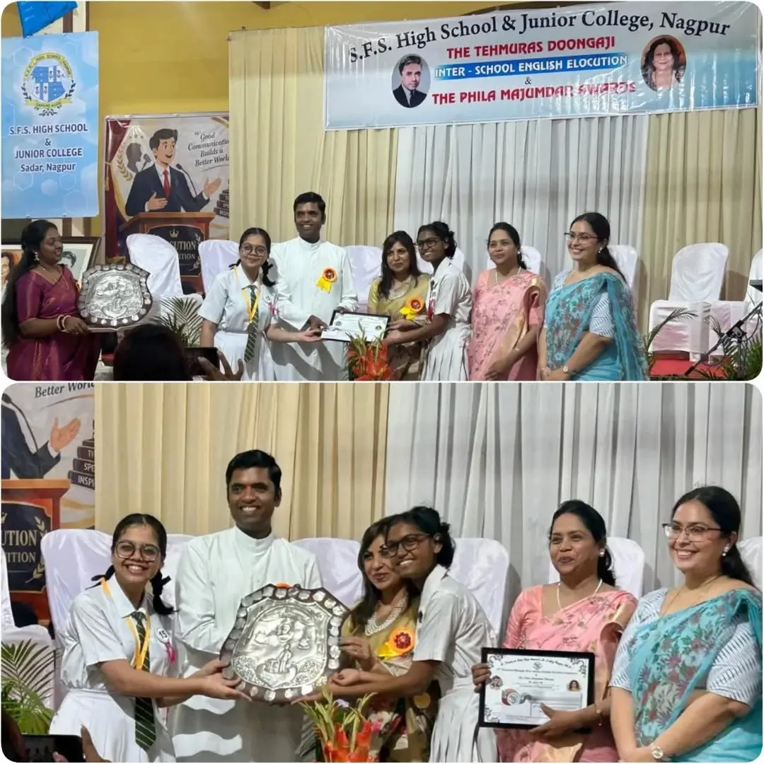 Collage of two photos of students and a priest with women guests on stage holding a silver shield and a framed certificate at an inter-school elocution event, with a banner behind them.
