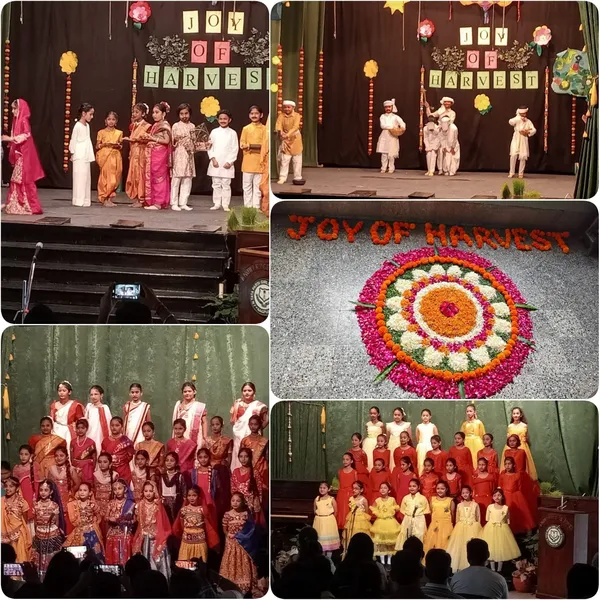 Collage of five photos from a harvest-themed school stage event showing children in traditional costumes on stage and a flower rangoli on the floor. - J. N Tata Parsi