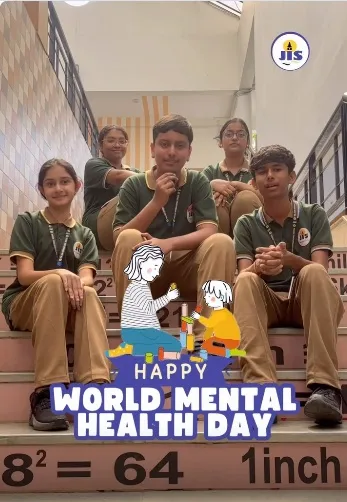 Five Std. IX students of Jain International School with a Happy World Mental Health Day graphic.
