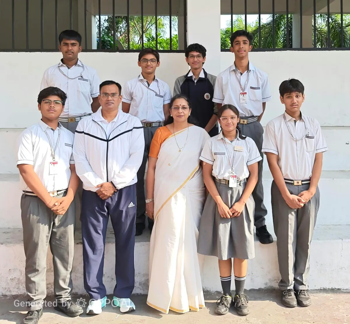 Group photo of eight students in school uniforms posing with a man in a tracksuit and a woman in a white saree in front of a white wall. - Narayana Vidyalayam