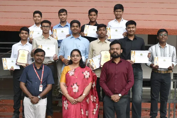 Narayana Vidyalayam students and mentors with certificates and trophies from Taal Se Taal Mila Instrumental Competition