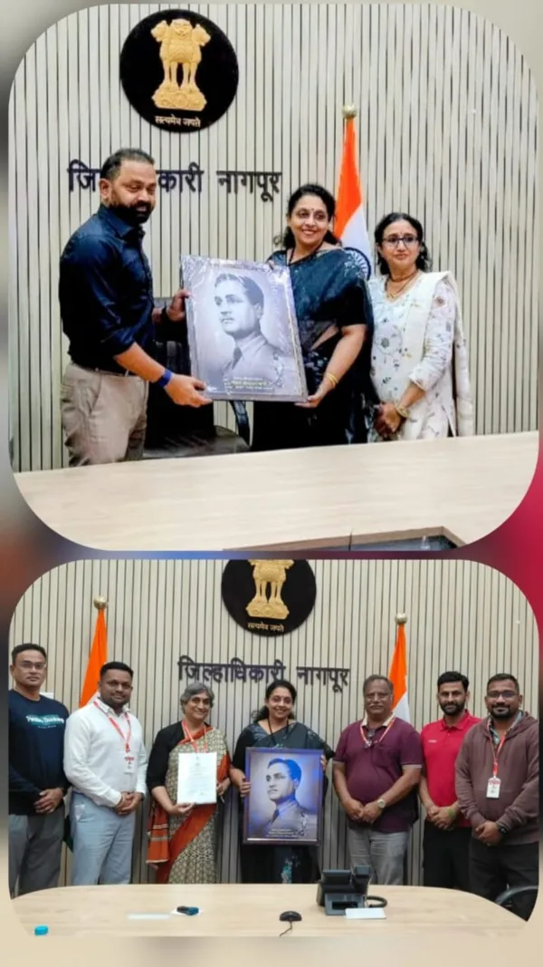 Collage of two photos of people in an office with a Devanagari wall sign presenting a framed portrait at Narayana Vidyalayam; the lower photo is a group of seven people posing with the portrait and a paper.
