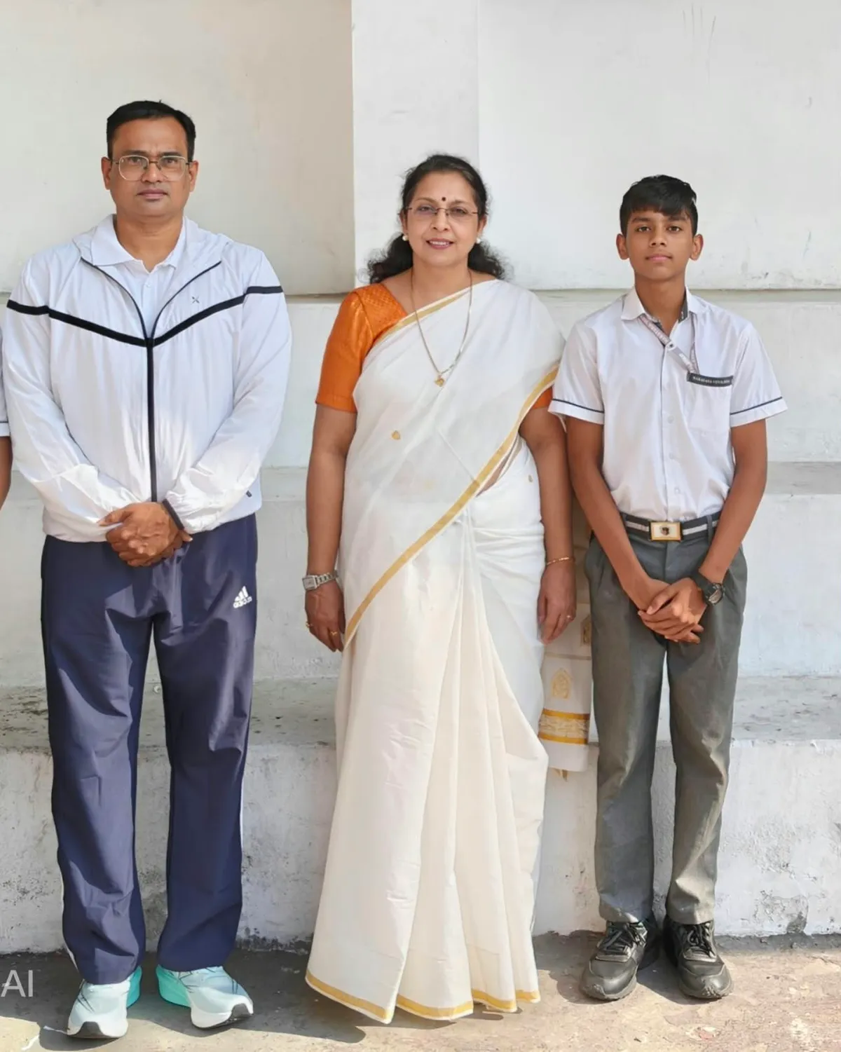 Posed photo of a man in a white track jacket, a woman in a white and gold saree, and a boy in school uniform standing in front of a white wall. - Narayana Vidyalayam