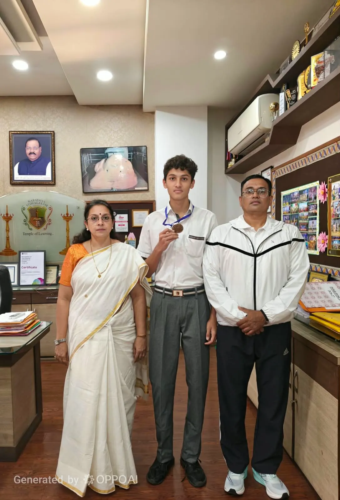 A student in school uniform showing a medal, standing between a woman in a white saree and a man in a tracksuit inside an office. - Narayana Vidyalayam