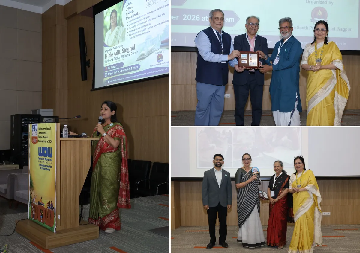 IPEC 2026 Day 2 at IIM Nagpur: Aditi Singhal at the lectern, and guests felicitated on stage