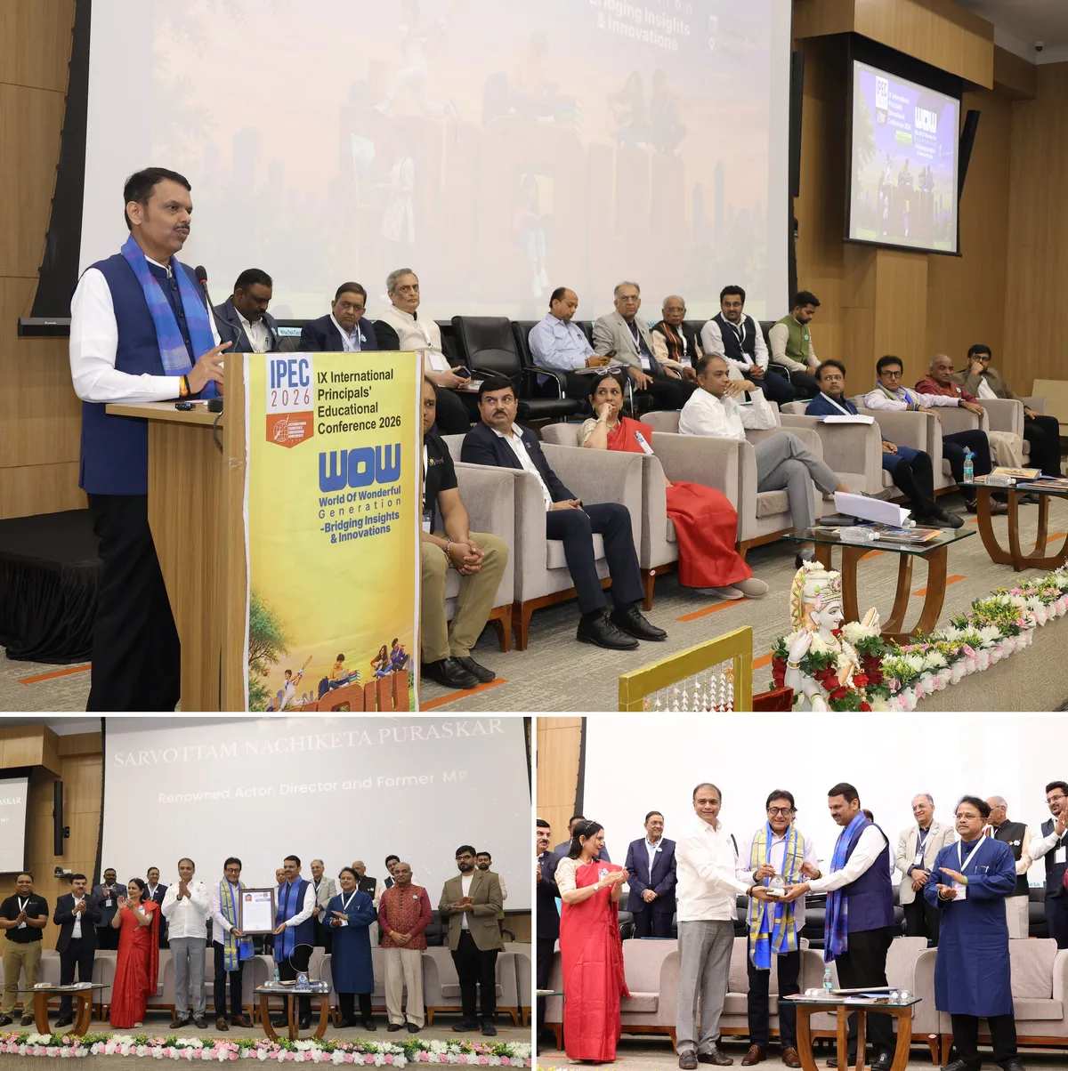 IPEC 2026 valedictory at IIM Nagpur: Chief Minister Devendra Fadnavis speaking at the lectern, and the Sarvottam Nachiketa Puraskar being presented to Dr. Nitish Bharadwaj