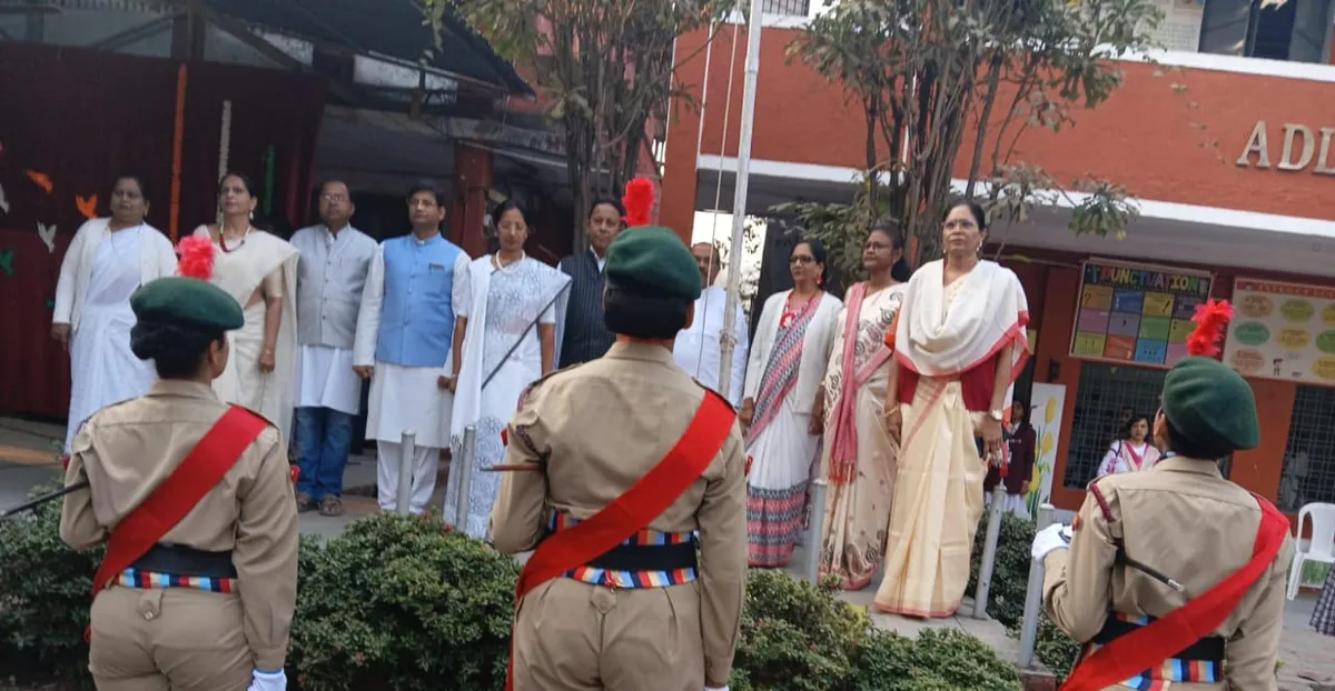 St. Ursula students at Republic Day flag hoisting ceremony with uniformed cadets in green berets