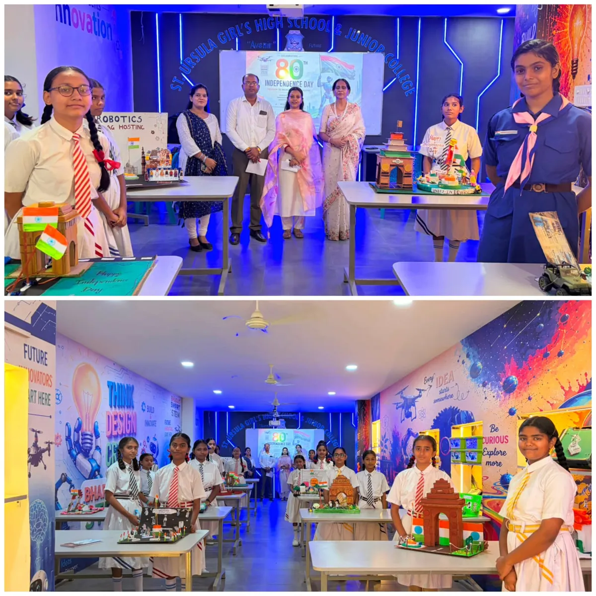 St. Ursula students in uniforms with model monuments and flag displays in decorated lab, with adults posing